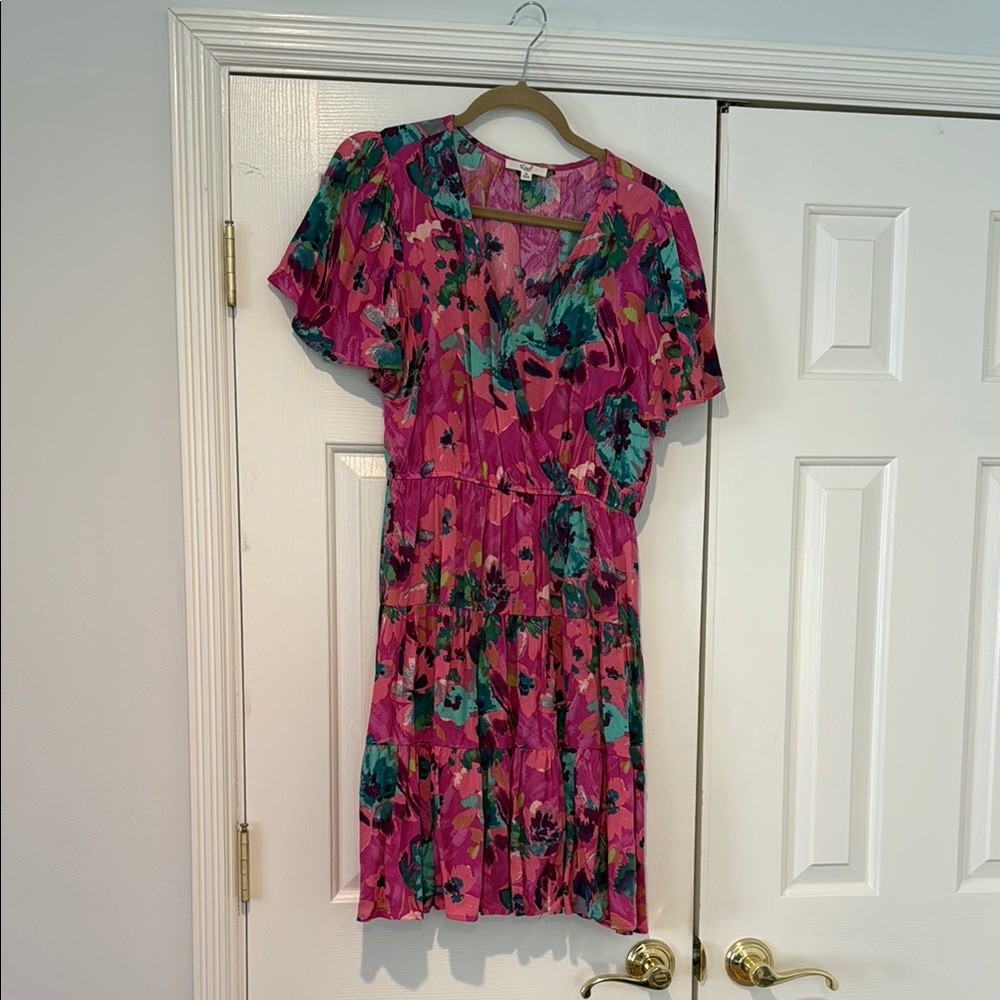 Easel Pink and Green Flutter Sleeve Sundress